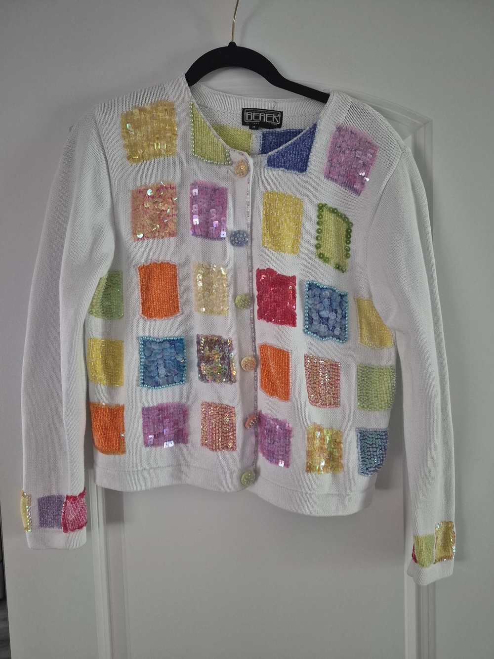 Berek By Takako Sakon 80's White Sequin Beaded Sweater Size M